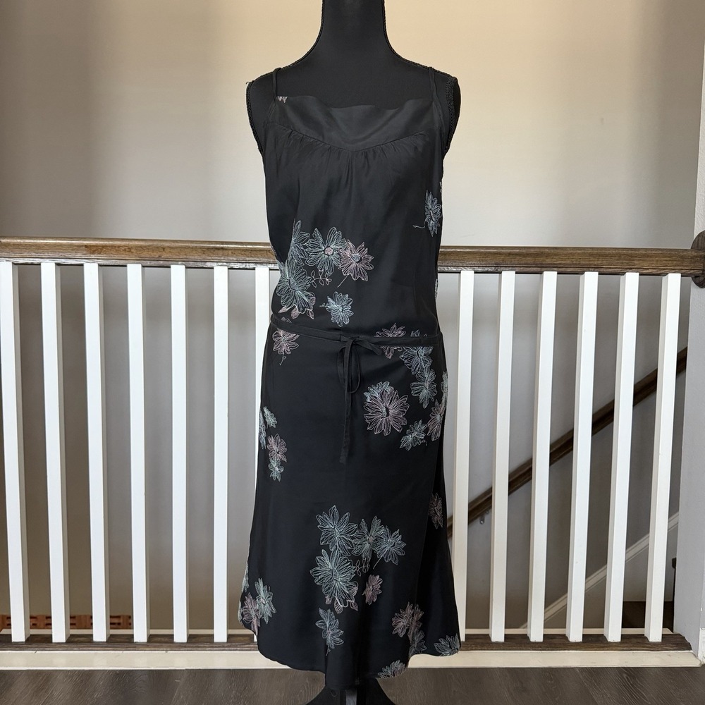 Vtg 90s Laura Ashley 100% Silk Black Embroidered Floral Dress Sz‎ 6 Y2K Luxury